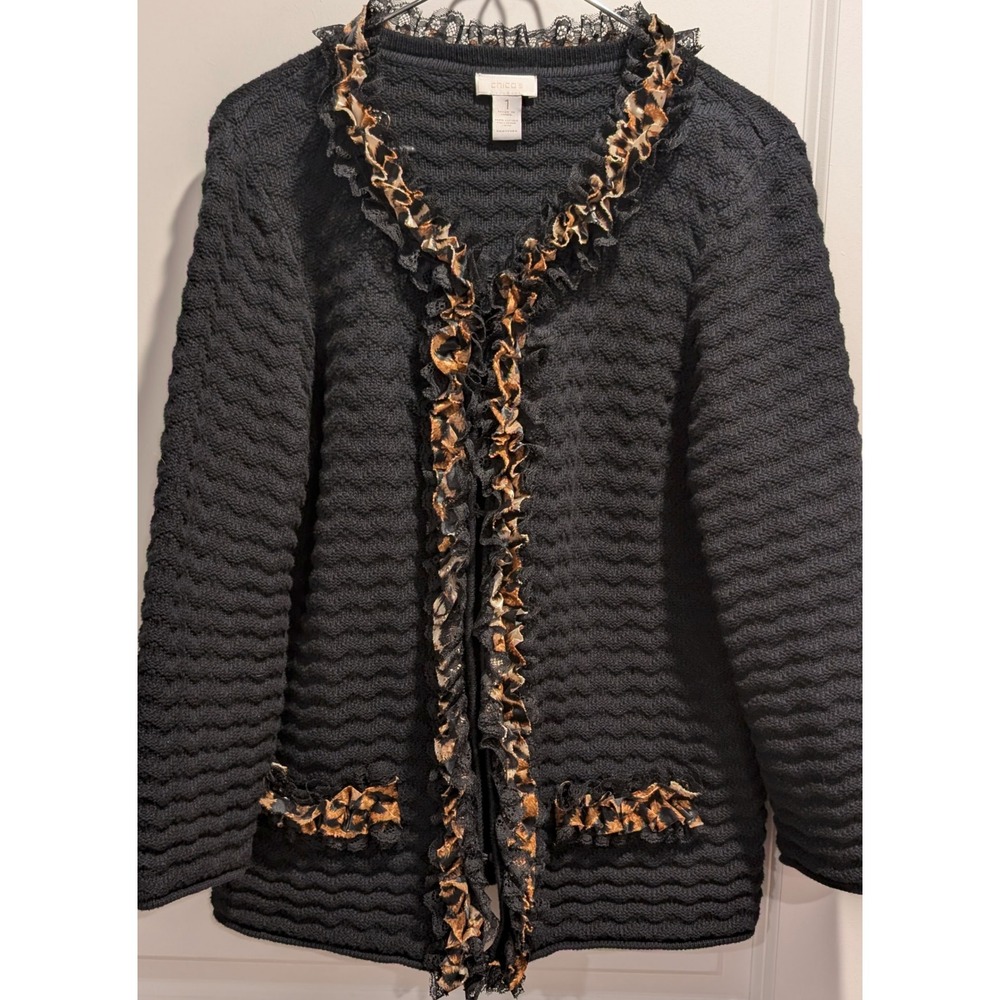 Chico’s Black Textured Cardigan Ruffle Frog Closure Animal Print Size 1